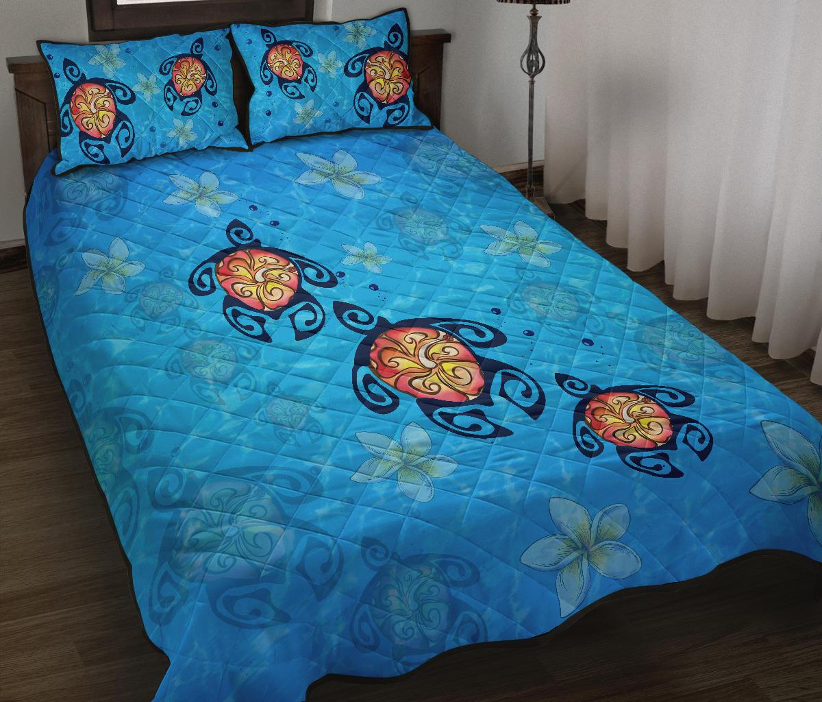 Hawaii Plumeria Turtle In The Ocean Quilt Bed Set - AH - John Style Blue - Polynesian Pride