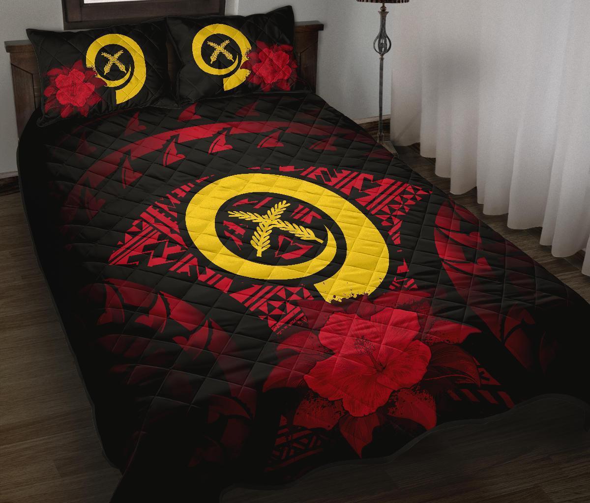 Vanuatu Polynesian Quilt Bed Set Hibiscus Red Black - Polynesian Pride