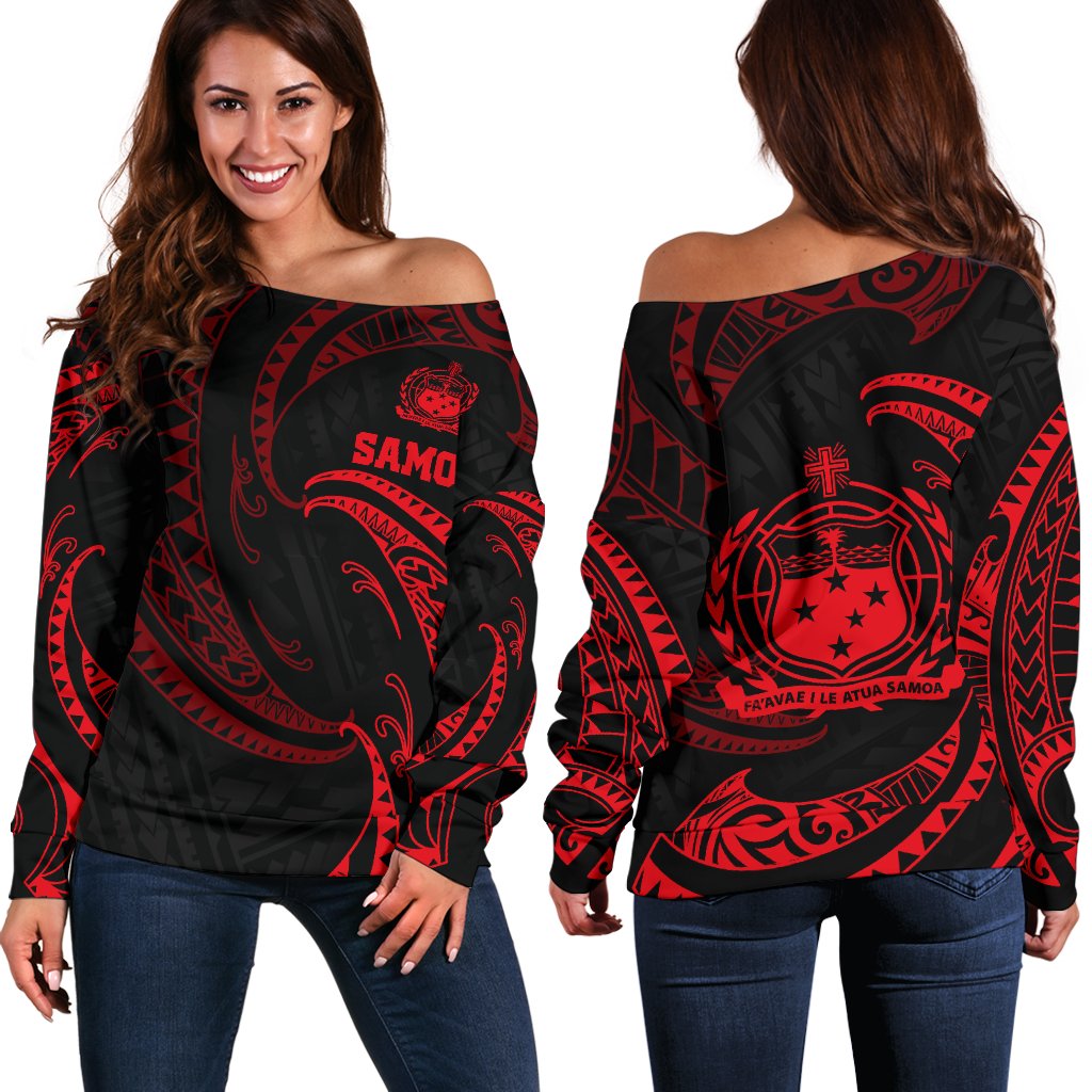 Samoa Polynesian Women's Off Shoulder Sweater - Red Tribal Wave Red - Polynesian Pride