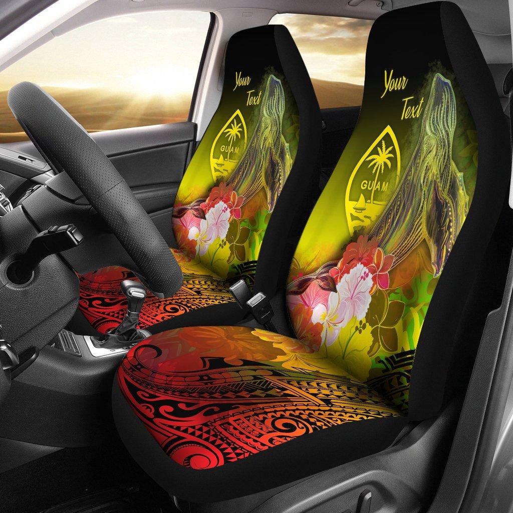 Guam Custom Personalised Car Seat Covers - Humpback Whale with Tropical Flowers (Yellow) Universal Fit Yellow - Polynesian Pride