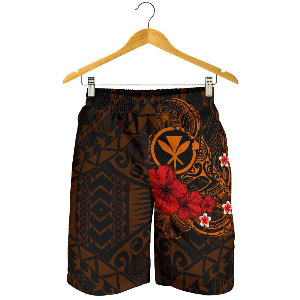 Polynesian Hawaii Kanaka Maoli Men's Shorts - Humpback Whale with Hibiscus (Golden) - Polynesian Pride