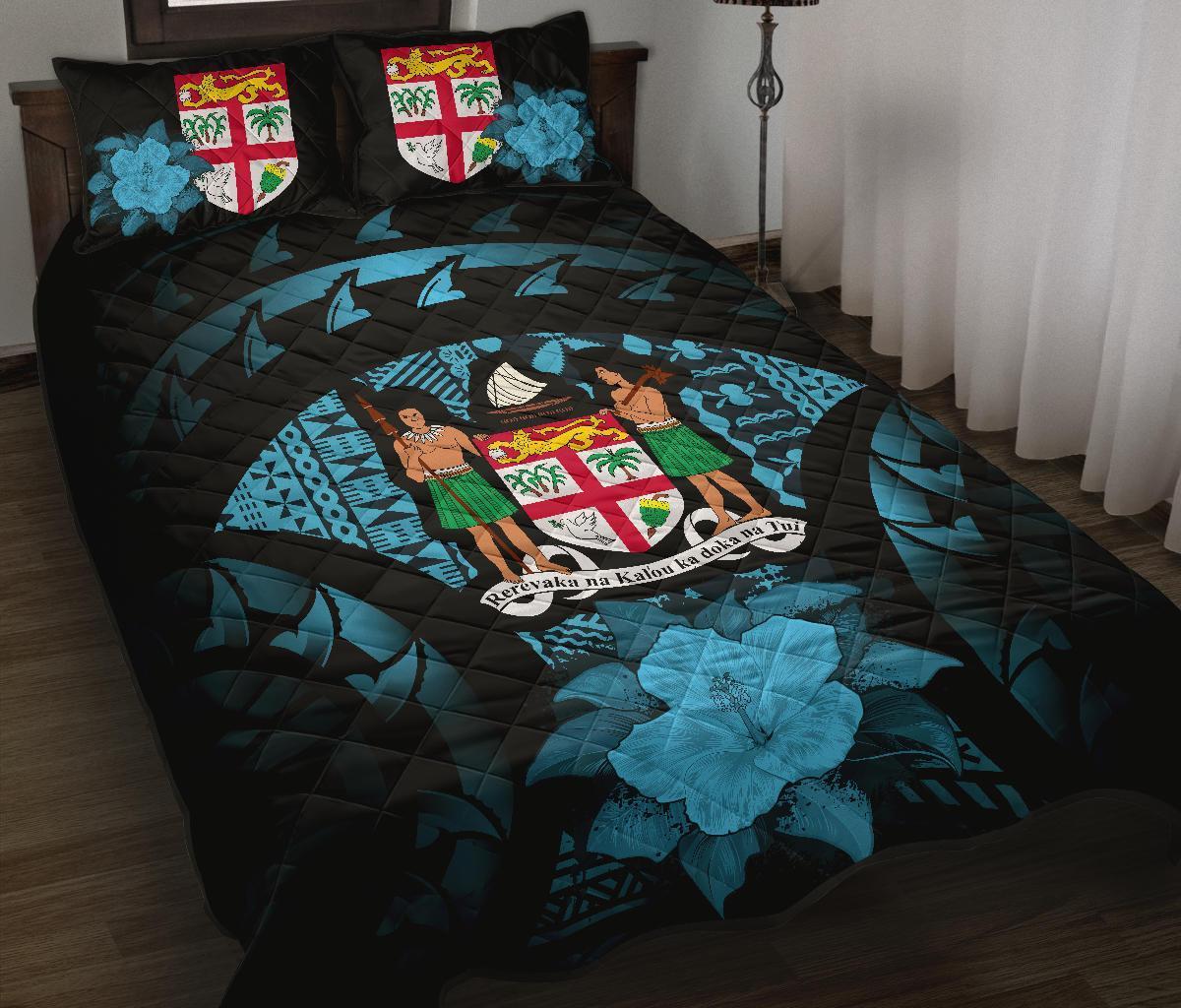 Fiji Polynesian Quilt Bed Set Hibiscus Blue Black - Polynesian Pride