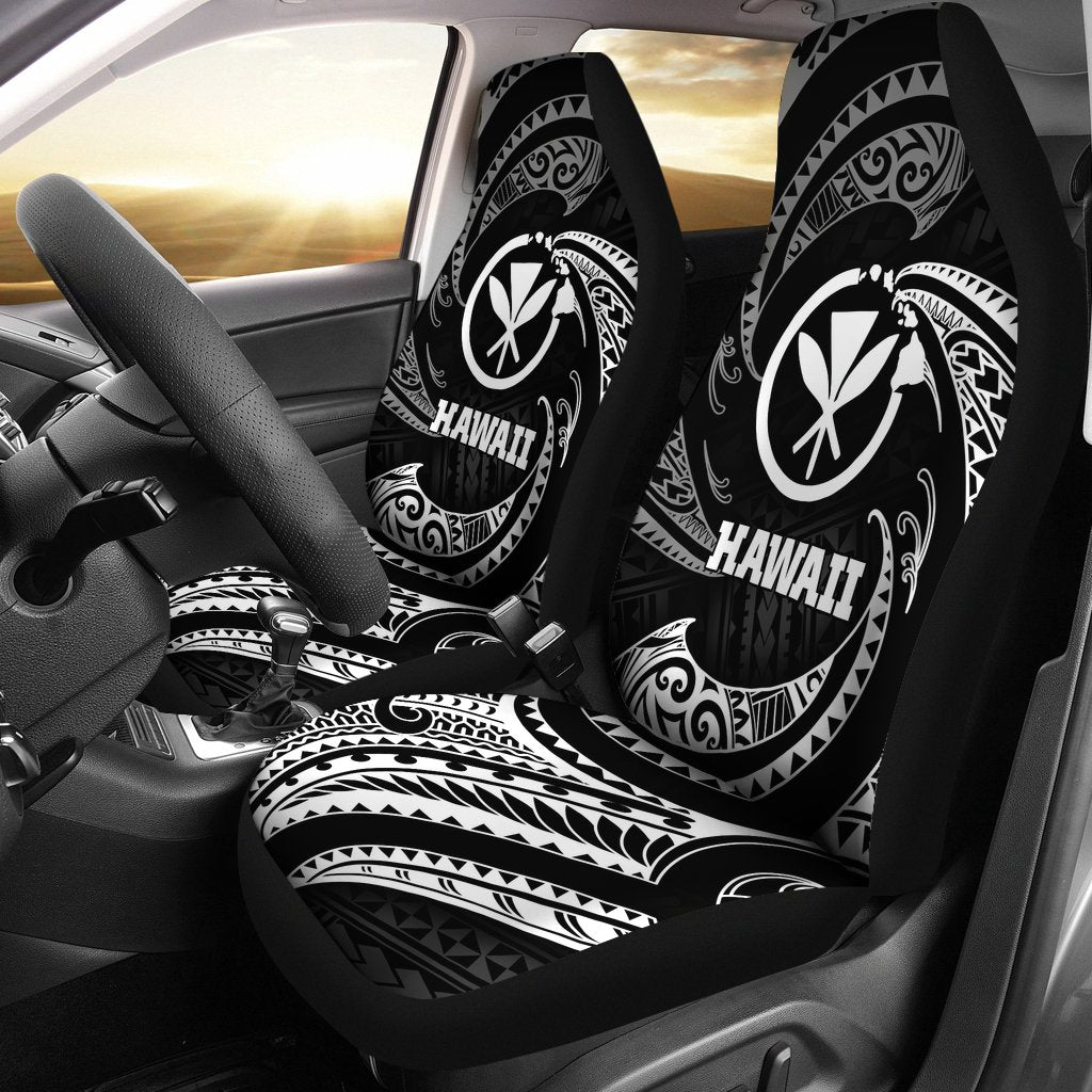 Hawaii Polynesian Car Seat Covers - White Tribal Wave Universal Fit Black - Polynesian Pride