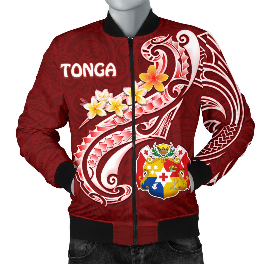 Tonga Men's Bomber Jacket - Tonga Coat Of Arms With Polynesian Patterns Red - Polynesian Pride