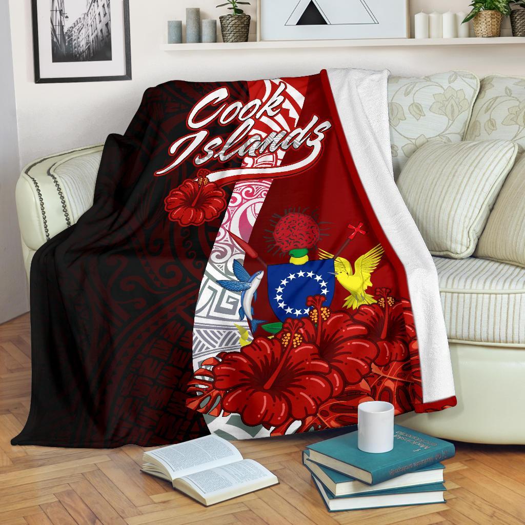 Cook Islands Polynesian Premium Blanket - Coat Of Arm With Hibiscus White - Polynesian Pride