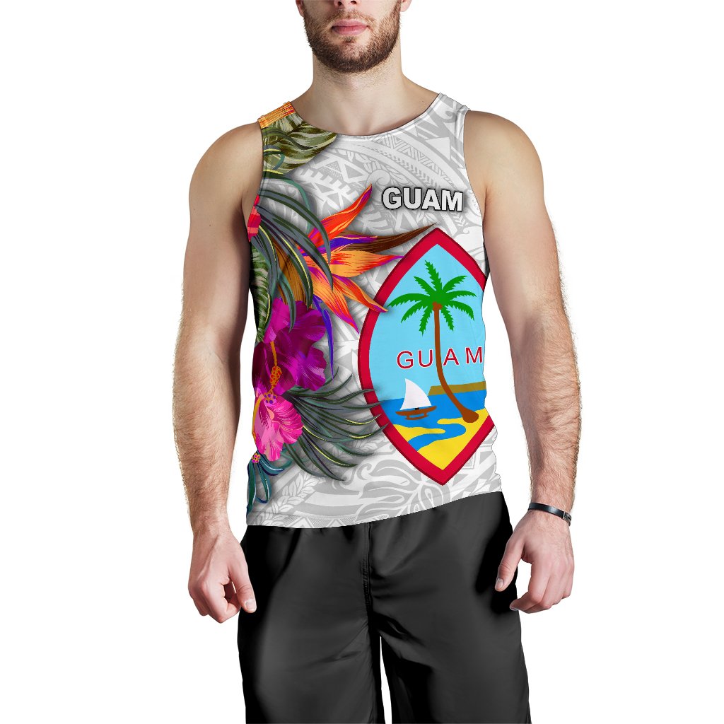 Guam Men's Tank Top Polynesian Hibiscus White Pattern - Polynesian Pride