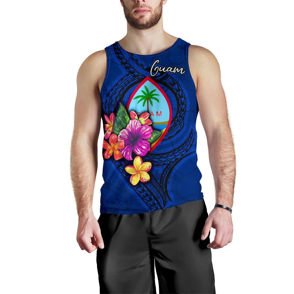 Guam Polynesian Men's Tank Top - Floral With Seal Blue - Polynesian Pride