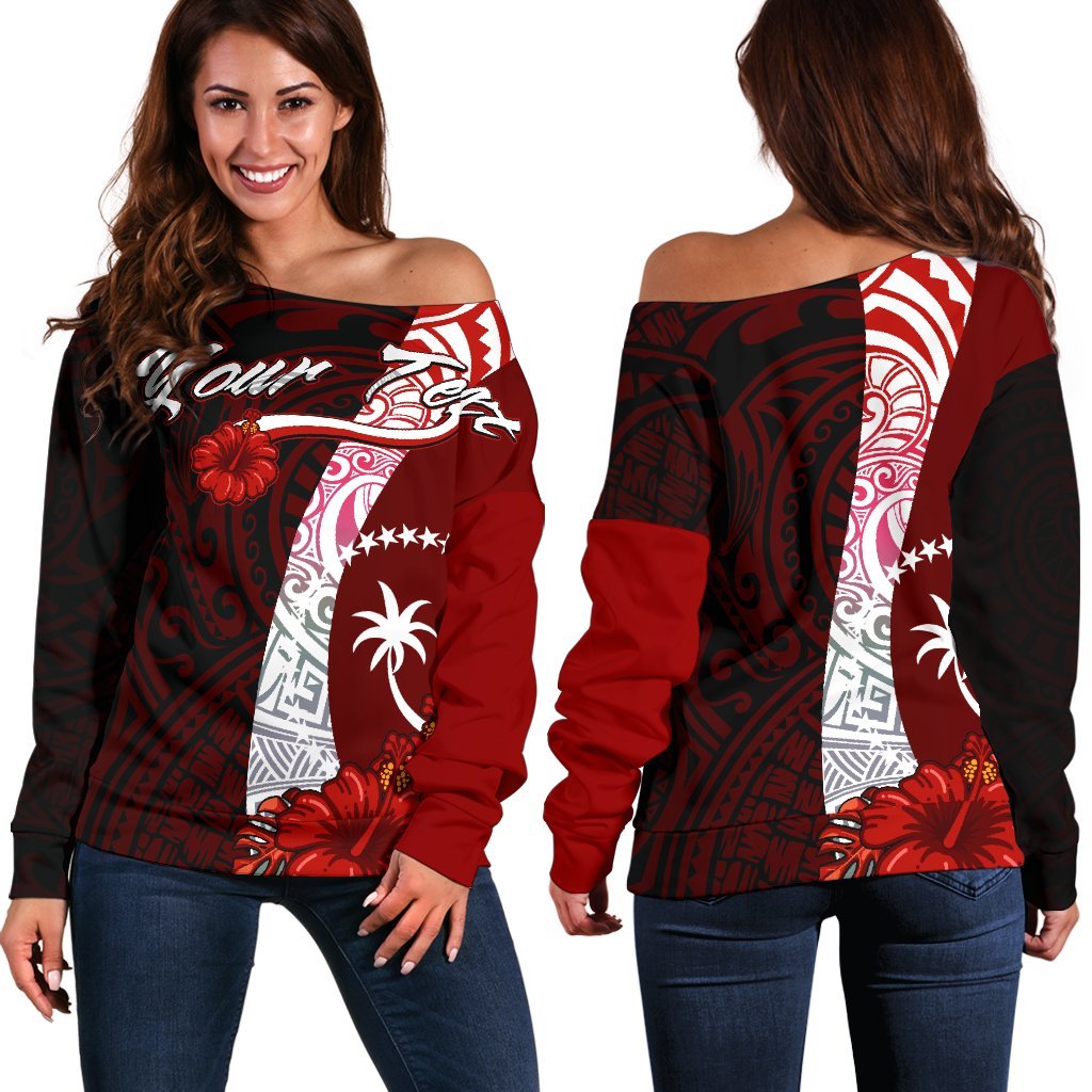 Chuuk Micronesia Custom Personalised Women's Off Shoulder Sweater - Coat Of Arm With Hibiscus Red - Polynesian Pride