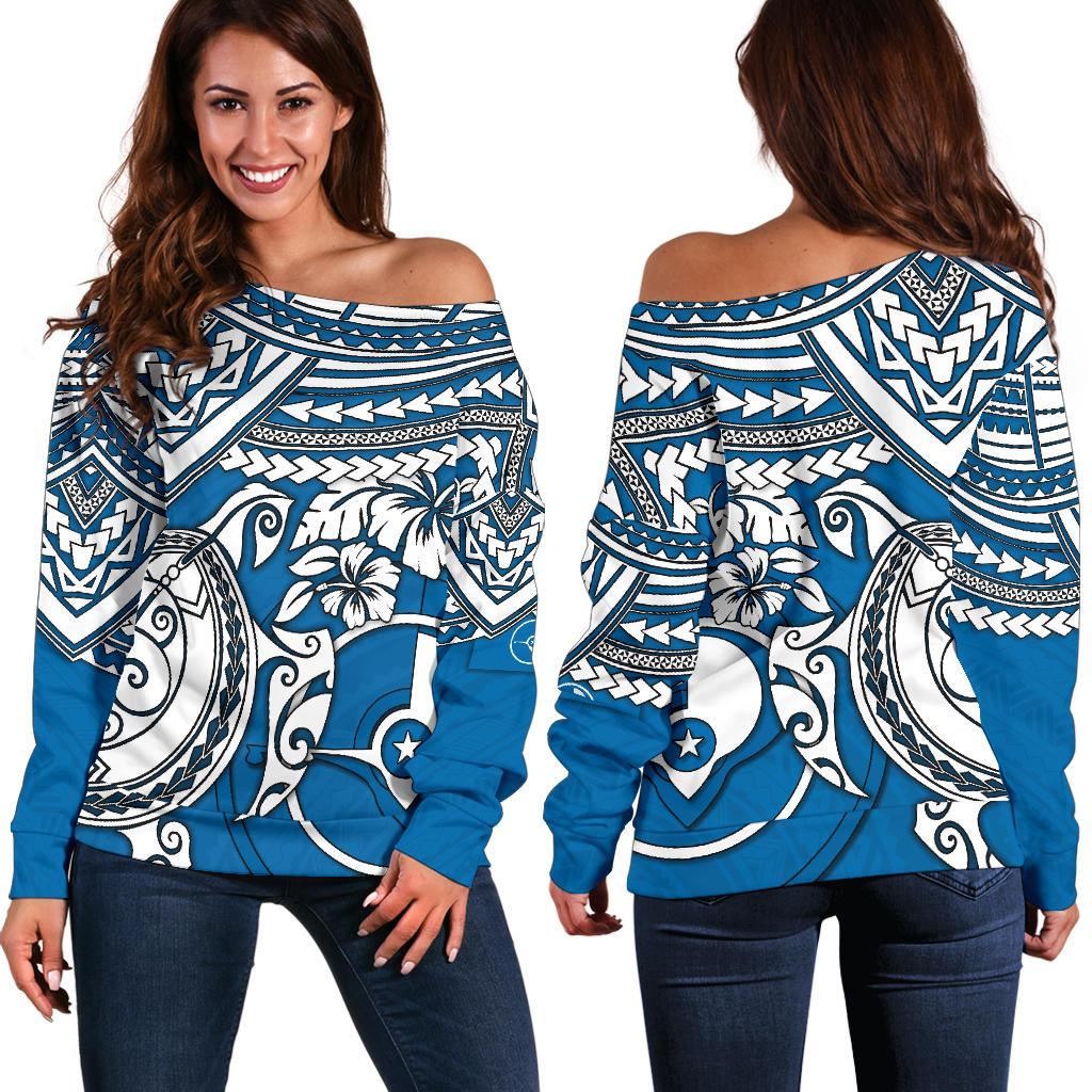 Yap Polynesian Off Shoulder Sweater (Women) - Polynesian Turtle Blue - Polynesian Pride