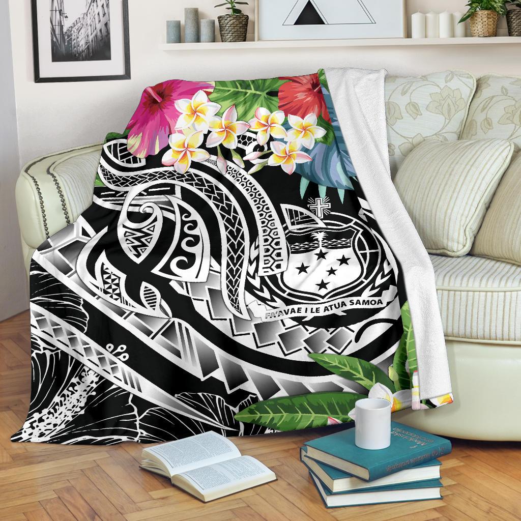 Polynesian Samoa Premium Blanket - Summer Plumeria (Black) White - Polynesian Pride