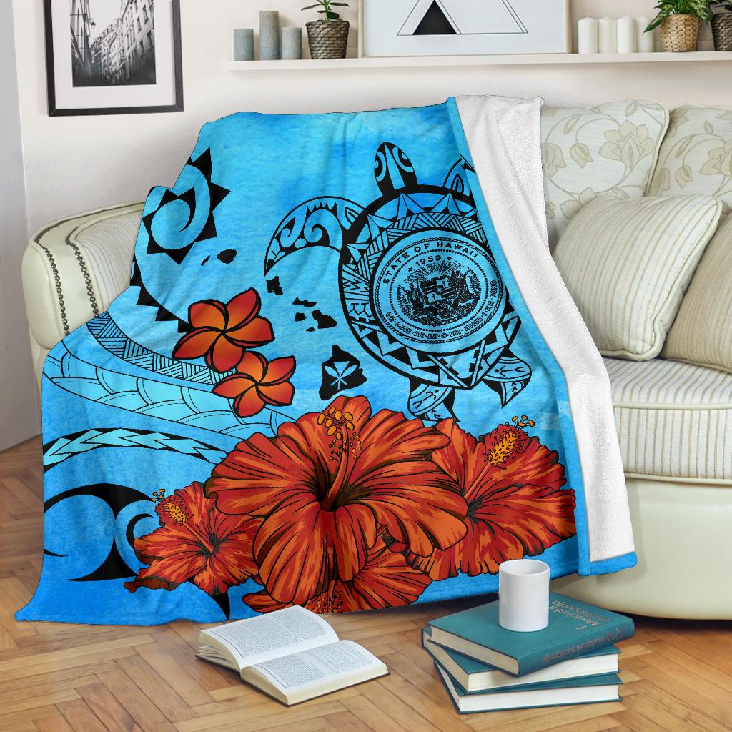 Hawaiian Map Kanaka Sea Turtle Seal Of Hawaii Hibiscus Plumeria Polynesian Blanket White - Polynesian Pride