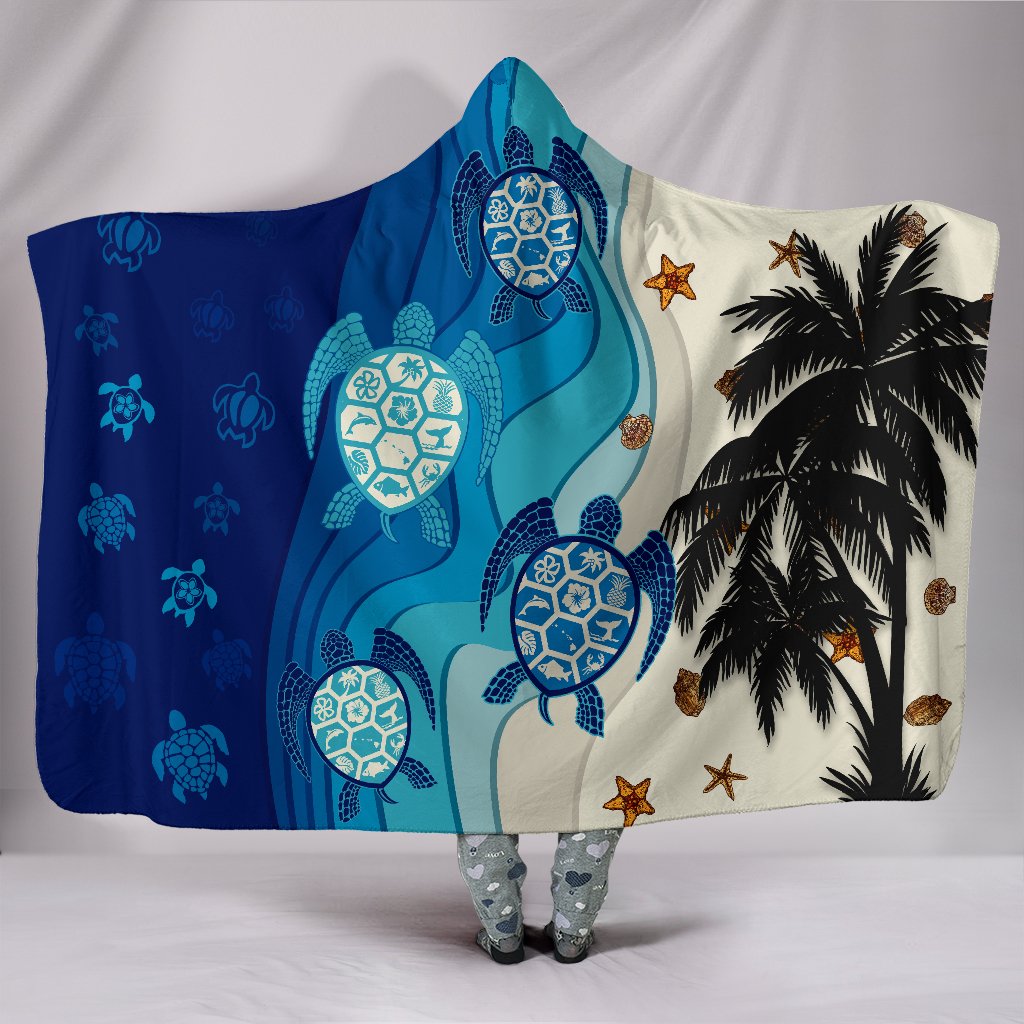 Hawaiian Sea Turtle Symbol Palm Hooded Blanket Hooded Blanket Blue - Polynesian Pride