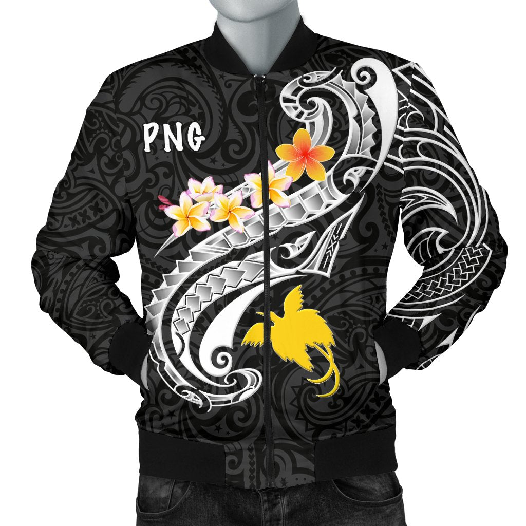 Papua New Guinea Men's Bomber Jacket - PNG Seal Polynesian Patterns Plumeria (Black) Black - Polynesian Pride