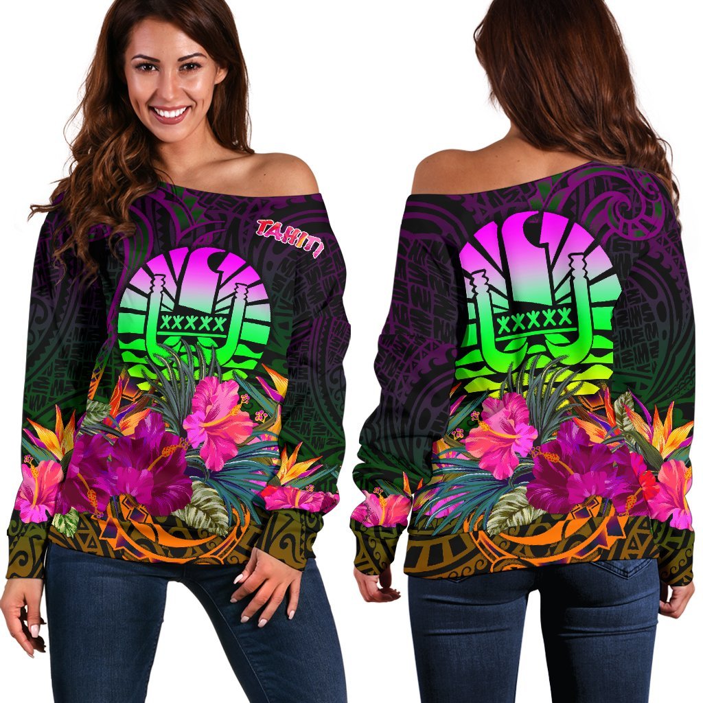 Tahiti Women's Off Shoulder Sweater - Summer Hibiscus Art - Polynesian Pride