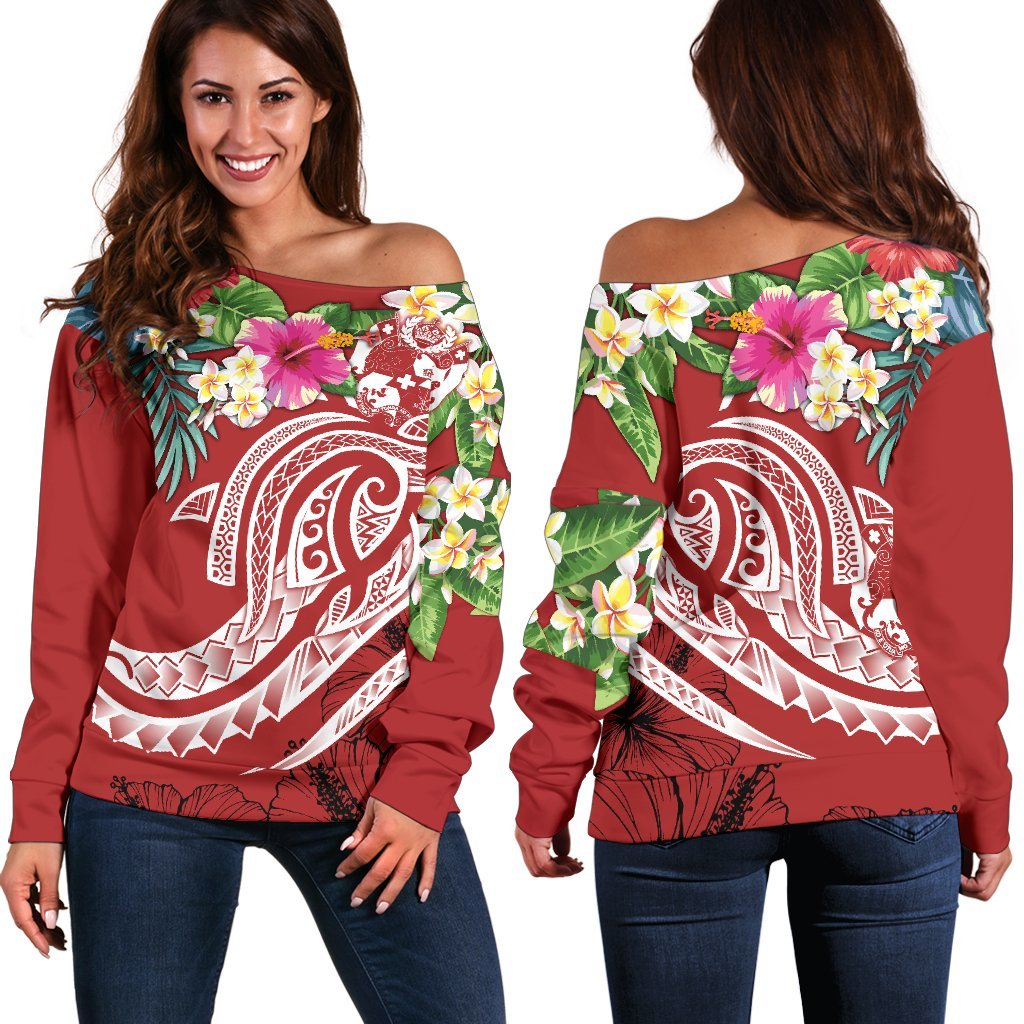 Tonga Polynesian Women's Off Shoulder Sweater - Summer Plumeria (Red) Red - Polynesian Pride