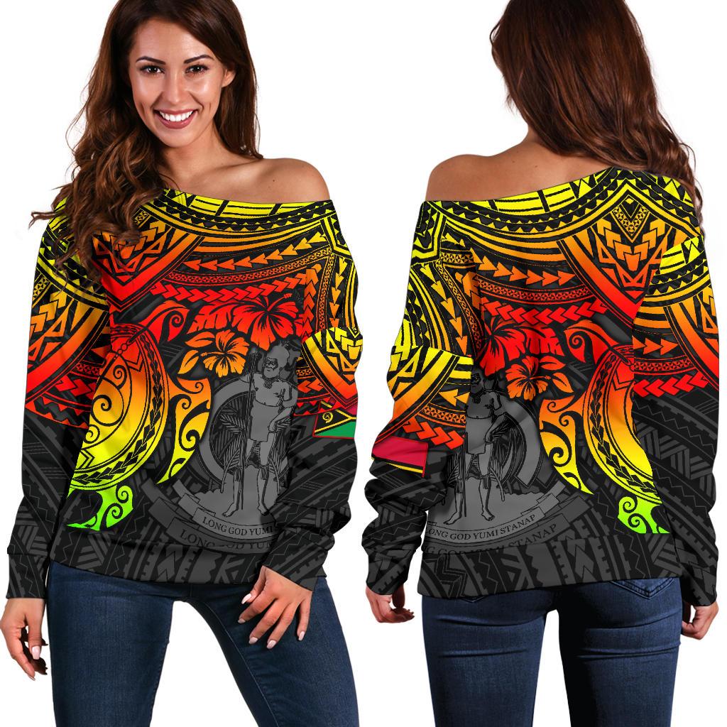 Vanuatu Polynesian Women's Off Shoulder Sweater - Reggae Turtle RED - Polynesian Pride