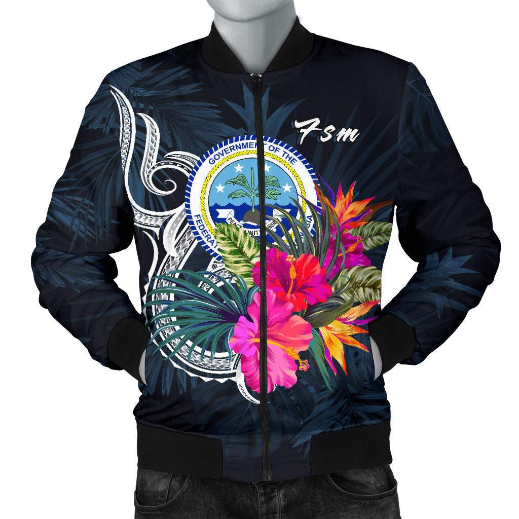 Federated States of Micronesia Men's Bomber Jacket - Tropical Flower Blue - Polynesian Pride