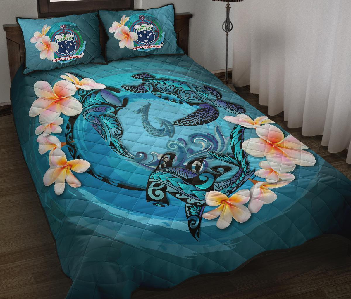 Samoa Polynesian Quilt Bed Set - Blue Plumeria Animal Tattoo Blue - Polynesian Pride