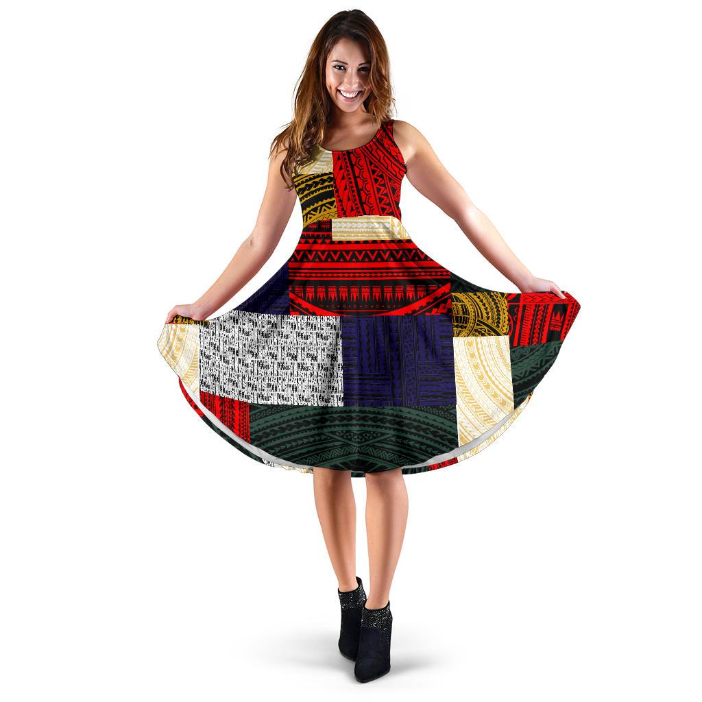 Polynesian Midi Dress - Design Retro Patchwork Women Red - Green - Polynesian Pride