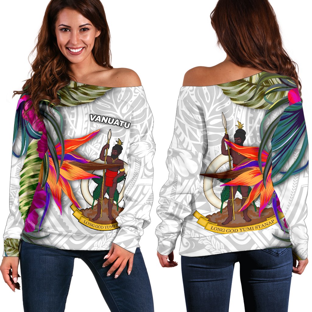 Vanuatu Women's Off Shoulder Sweater Polynesian Hibiscus White Pattern White - Polynesian Pride