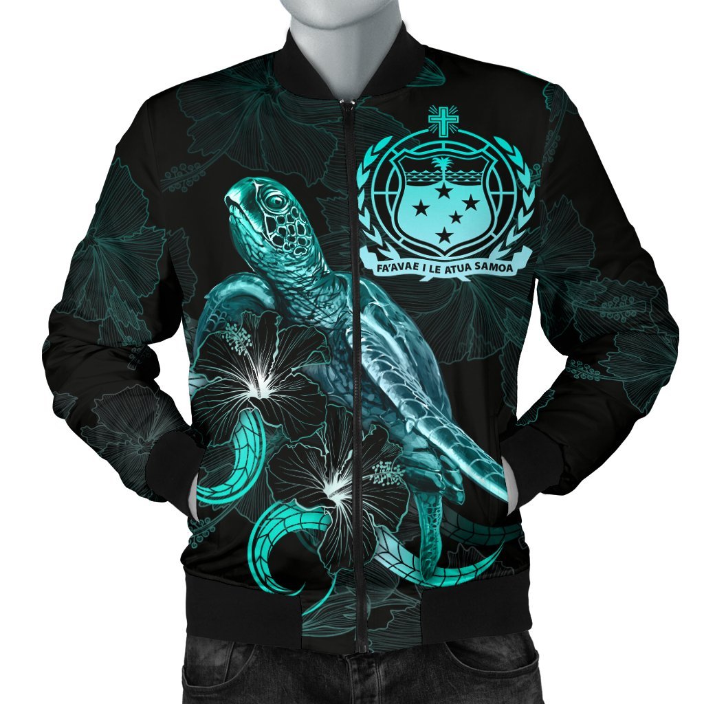 Samoa Polynesian Men's Bomber Jacket - Turtle With Blooming Hibiscus Turquoise Turquoise - Polynesian Pride