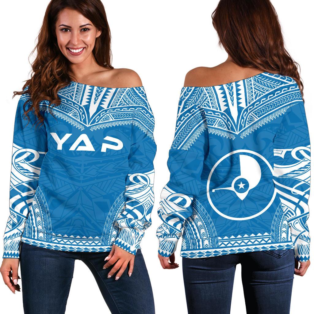 Yap Flag Polynesian Chief Women's Off Shoulder Sweater Blue - Polynesian Pride