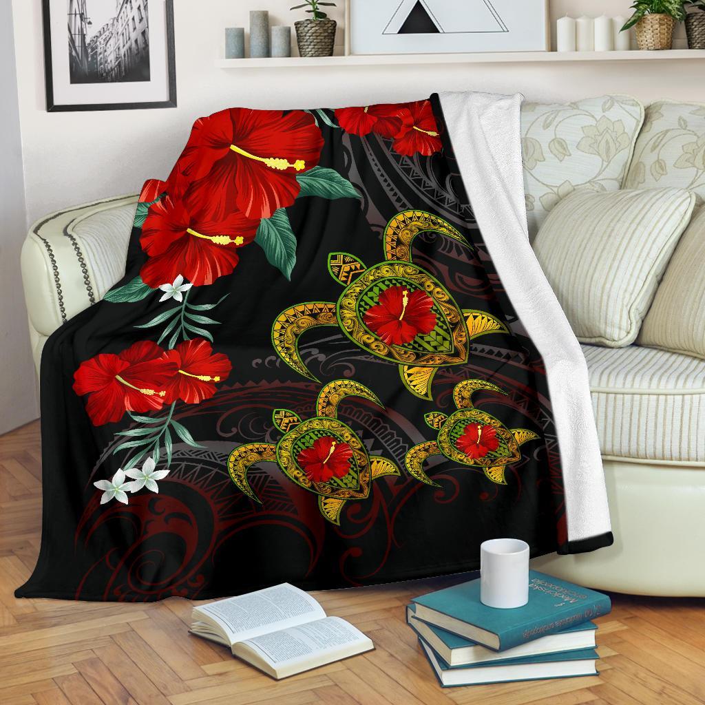 Hawaii Turtle Hibiscus Polynesian Premium Blanket - Adela Style - AH White - Polynesian Pride