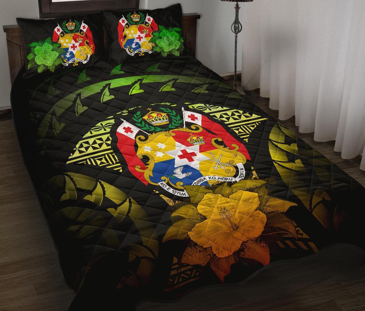 Tonga Polynesian Quilt Bed Set Hibiscus Reggae Black - Polynesian Pride