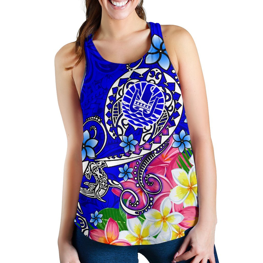 Tahiti Women's Racerback Tank - Turtle Plumeria (Blue) - Polynesian Pride