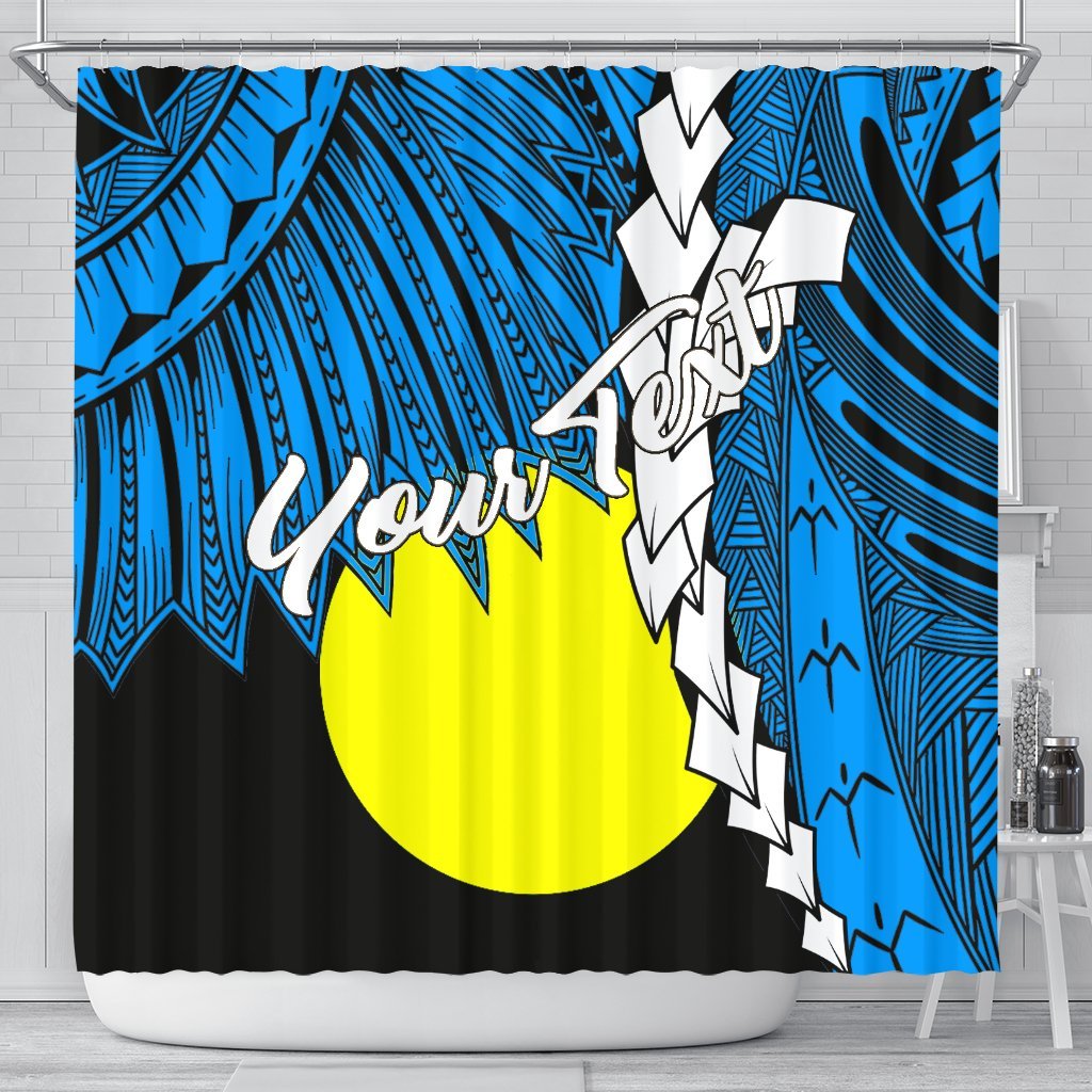 Palau Polynesian Custom Personalised Shower Curtain - Tribal Wave Tattoo Flag Style 177 x 172 (cm) Blue - Polynesian Pride