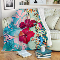 Polynesian Hawaii Premium Blanket - Plumeria Turtles with Hibiscus White - Polynesian Pride