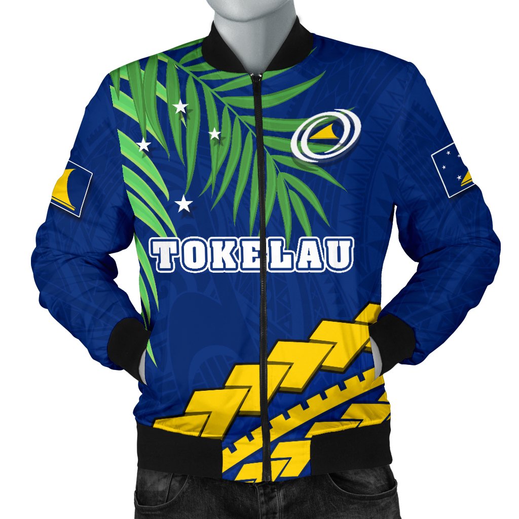 Tokelau Rugby Men Bomber Jacket Coconut Leaves Blue - Polynesian Pride