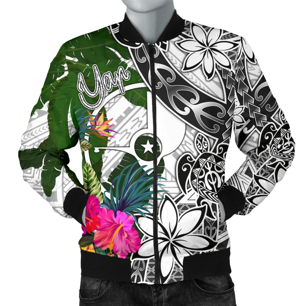 Yap Men's Bomber Jacket White - Turtle Plumeria Banana Leaf White - Polynesian Pride