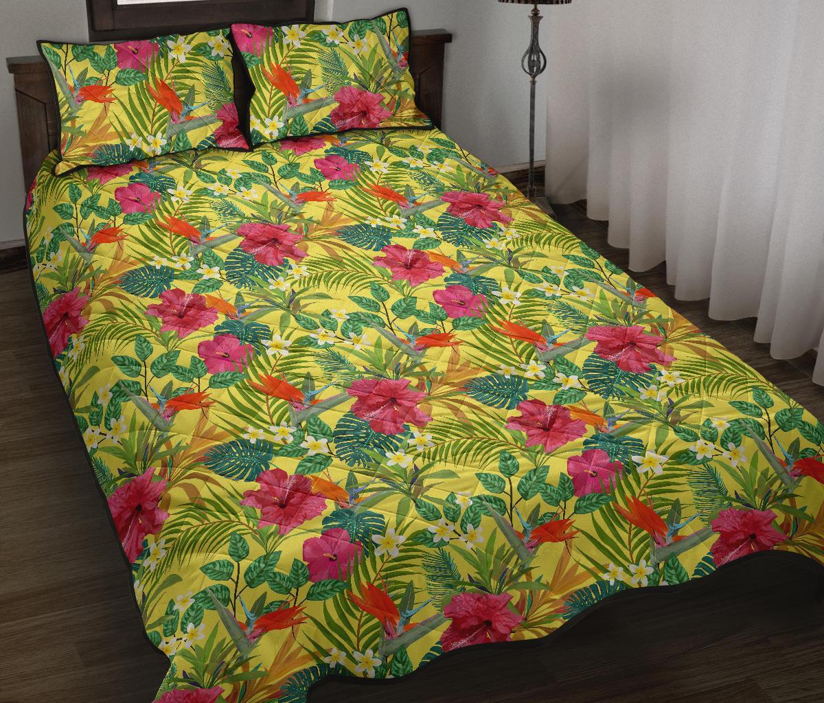 Hawaii Quilt Bed Set Tropical Leaves And Flowers AH Black - Polynesian Pride