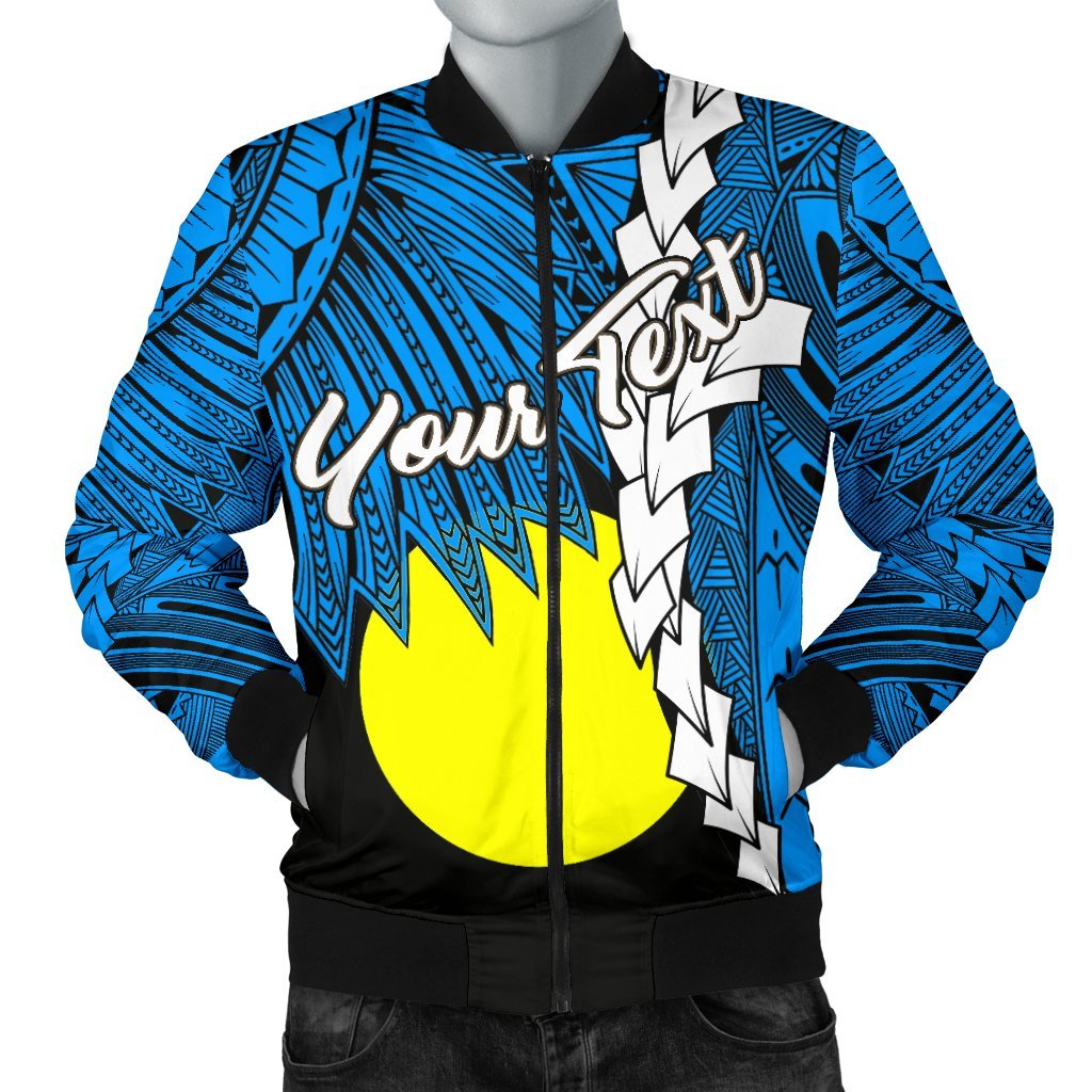 Palau Polynesian Custom Personalised Men's Bomber Jacket - Tribal Wave Tattoo Flag Style Blue - Polynesian Pride