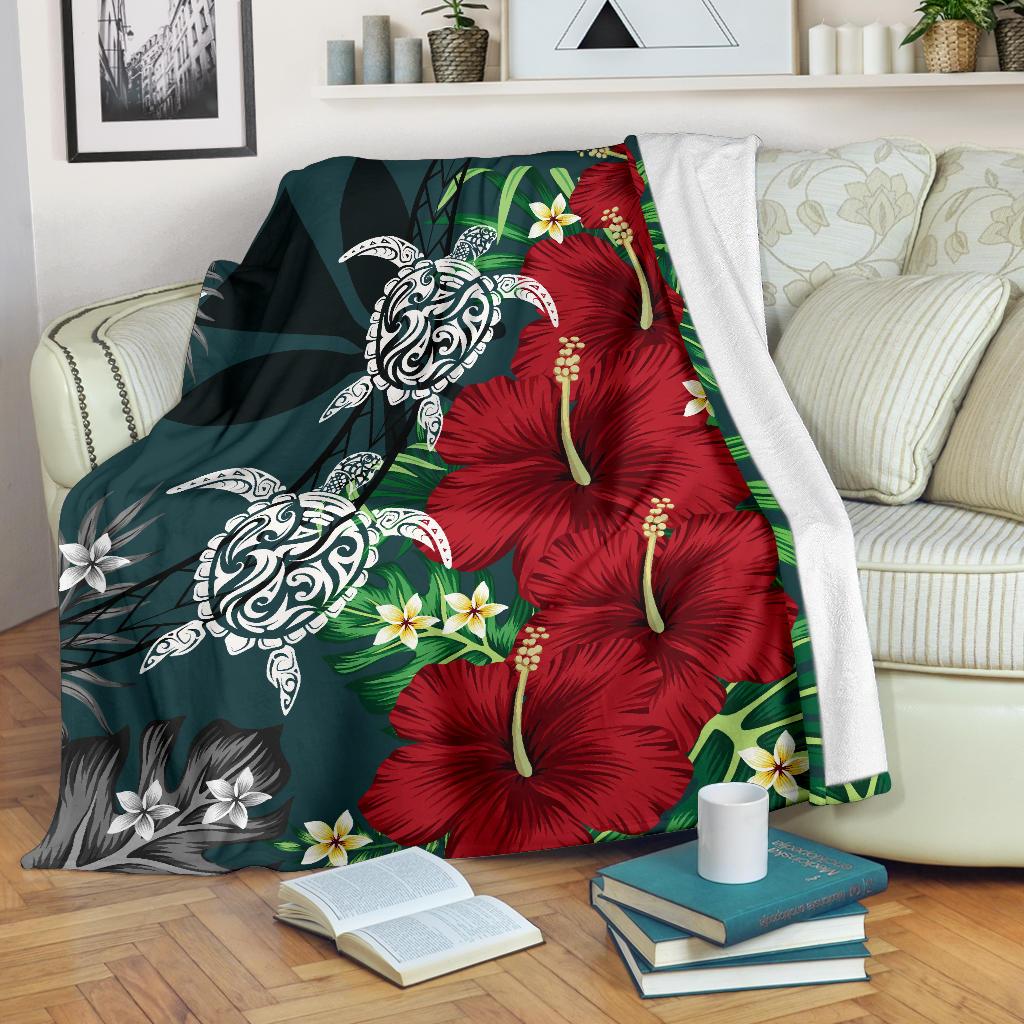 Hawaii Map Turtle Hibiscus Plumeria Polynesian - Premium Blanket AH White - Polynesian Pride