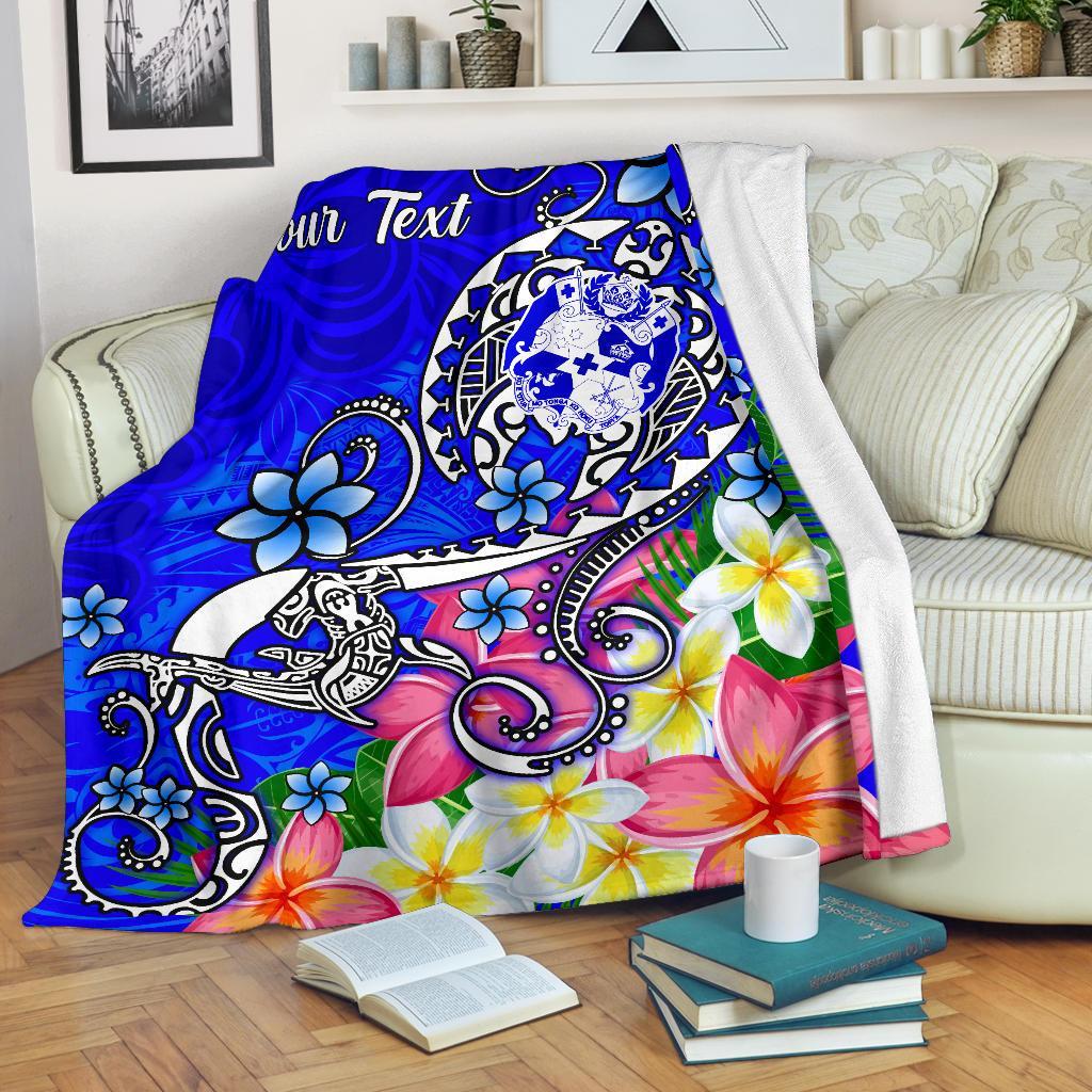 Tonga Custom Personalised Premium Blanket - Turtle Plumeria (Blue) White - Polynesian Pride