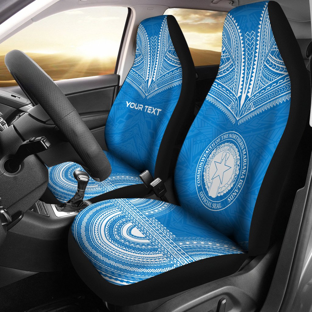 Northern Mariana Island Custom Personalised Car Seat Cover - C N M I Seal Polynesian Chief Tattoo Blue Version Universal Fit Blue - Polynesian Pride