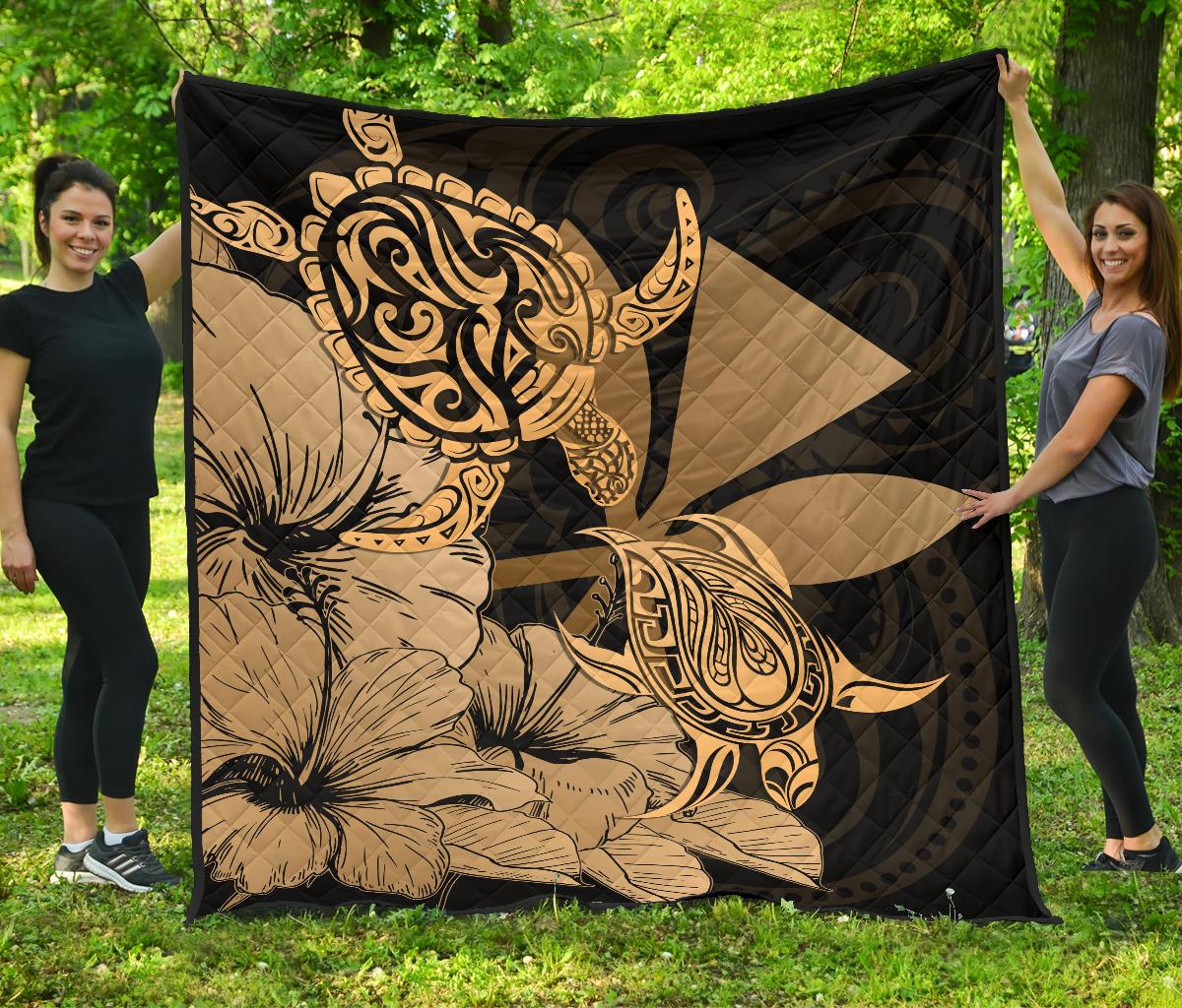 Hawaii Turtle Premium Quilt Polynesian Hibiscus Art Ver 2.0 Gold AH - Polynesian Pride