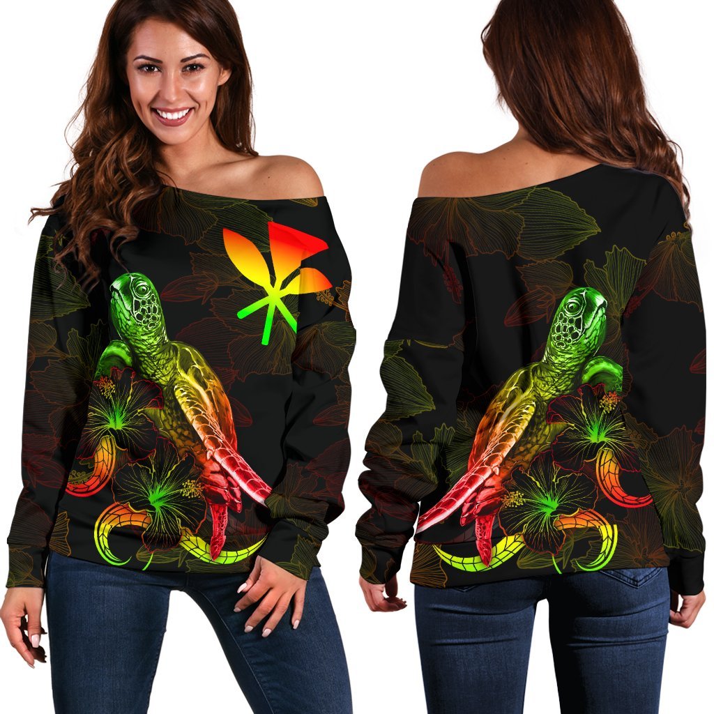 Hawaii Polynesian Women's Off Shoulder Sweater - Turtle With Blooming Hibiscus Reggae Art - Polynesian Pride