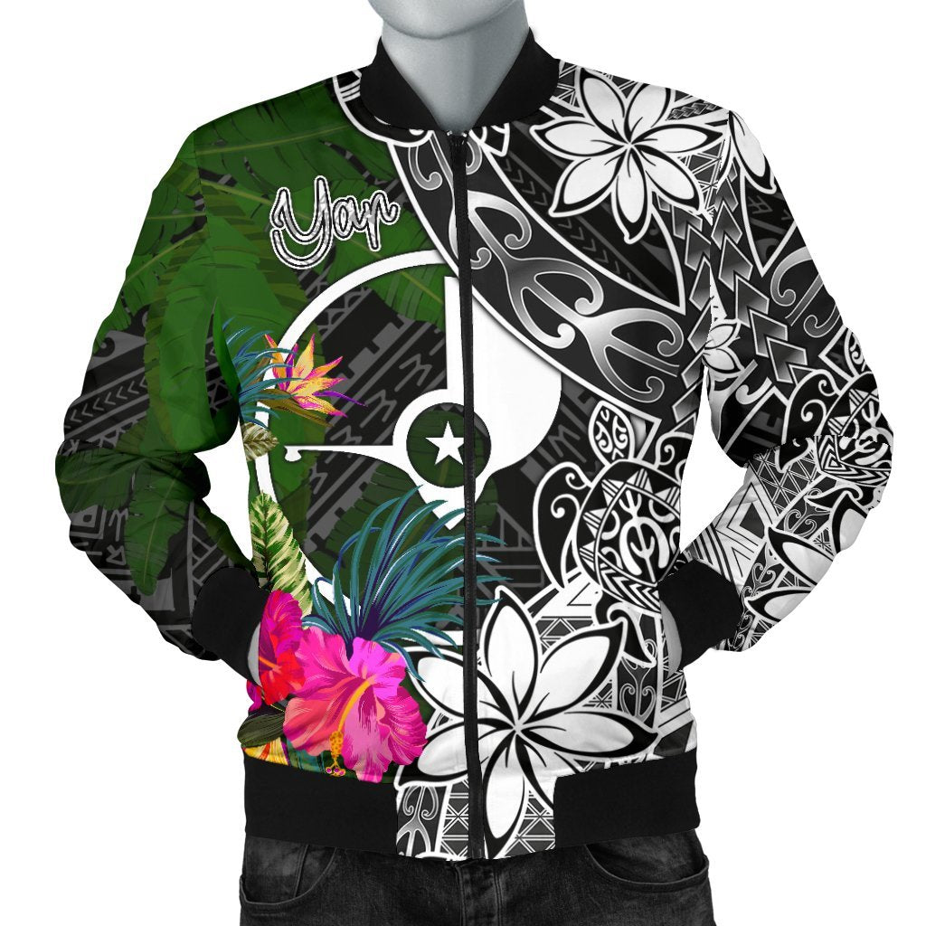 Yap Men Bomber Jacket - Turtle Plumeria Banana Leaf Black - Polynesian Pride