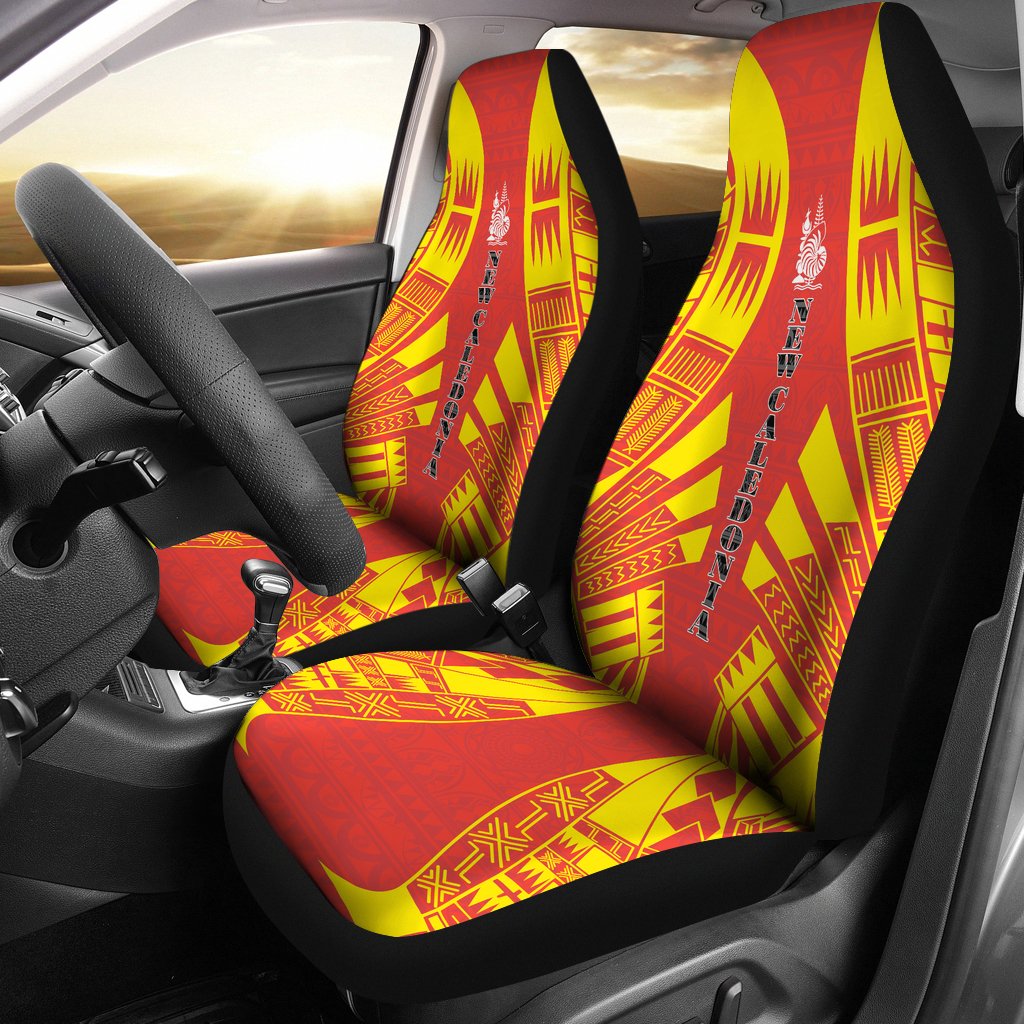 New Caledonia Car Seat Covers - New Caledonia Coat Of Arms Polynesian Tattoo Flag Universal Fit Red-Yellow - Polynesian Pride