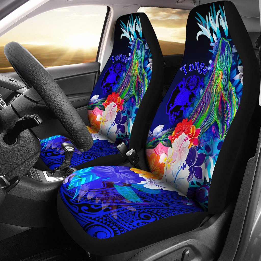 Tonga Car Seat Cover - Humpback Whale with Tropical Flowers (Blue) Universal Fit Blue - Polynesian Pride