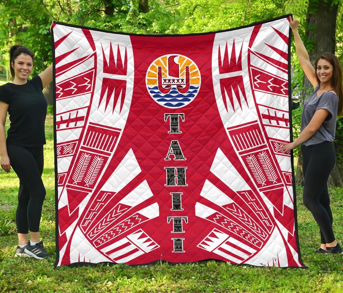Tahiti Premium Quilt - Tahiti Flag Polynesian White Tattoo (Red) - Polynesian Pride