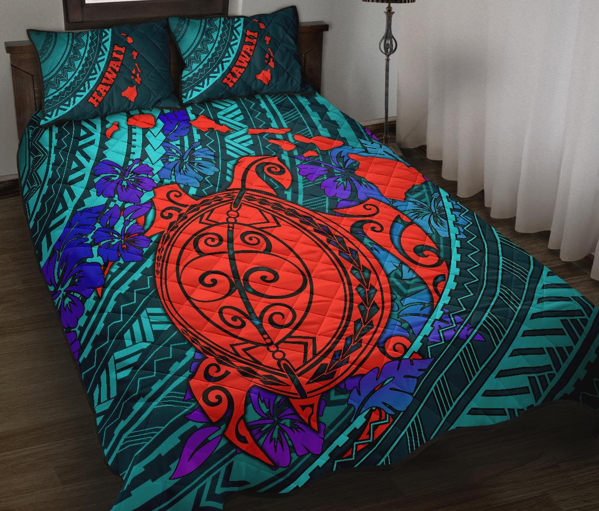 Hawaii Polynesian Quilt Bed Set - Hawaii Red Sea Turtle Map & Blue Hibiscus Blue - Polynesian Pride