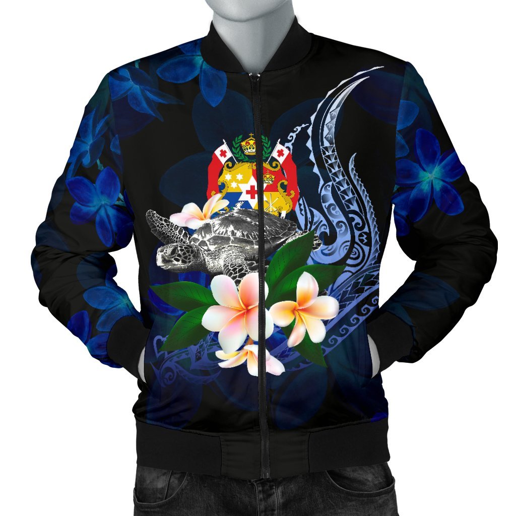 Tonga Polynesian Men's Bomber Jacket - Turtle With Plumeria Flowers Blue - Polynesian Pride