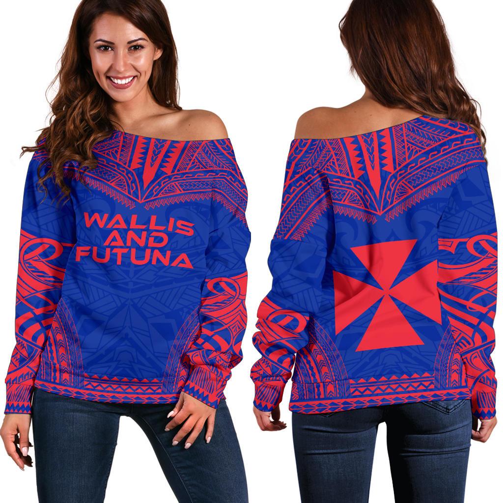 Wallis And Futuna Flag Polynesian Chief Women's Off Shoulder Sweater Blue - Polynesian Pride