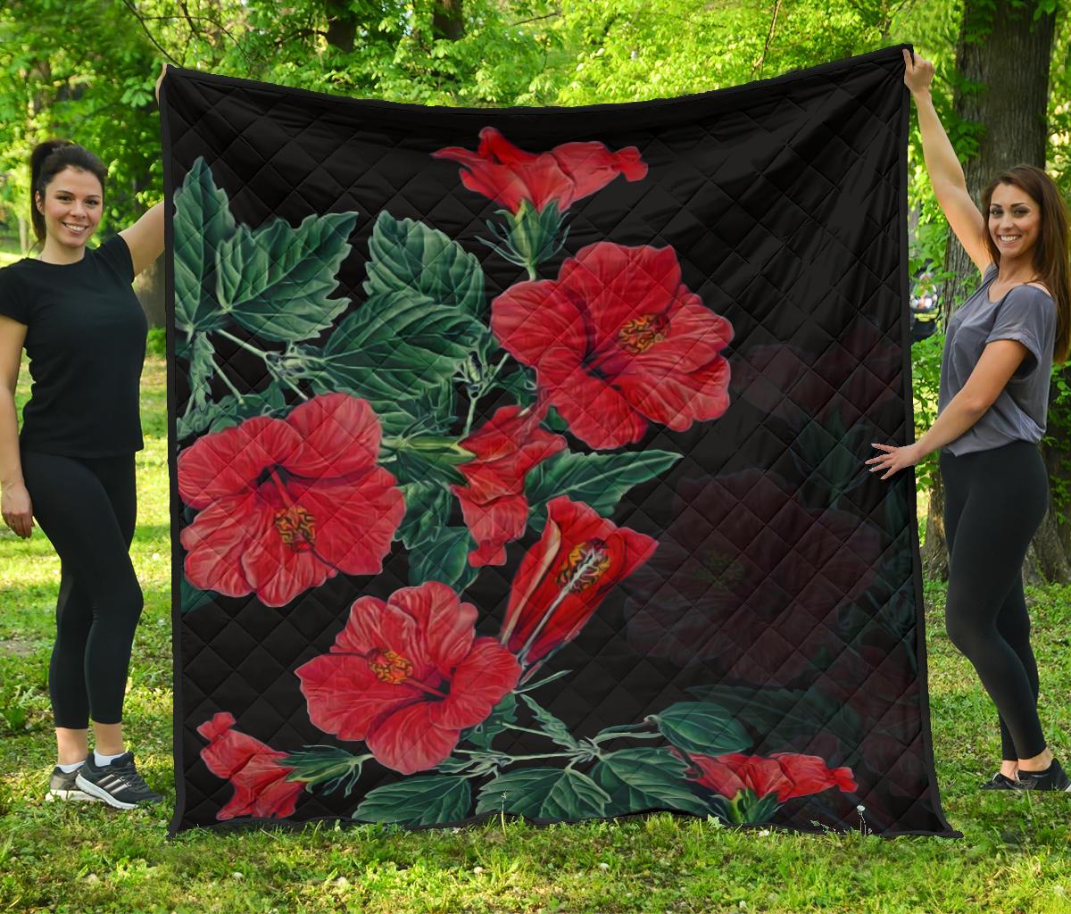 Hibiscus Red Flower Premium Quilt Black - Polynesian Pride