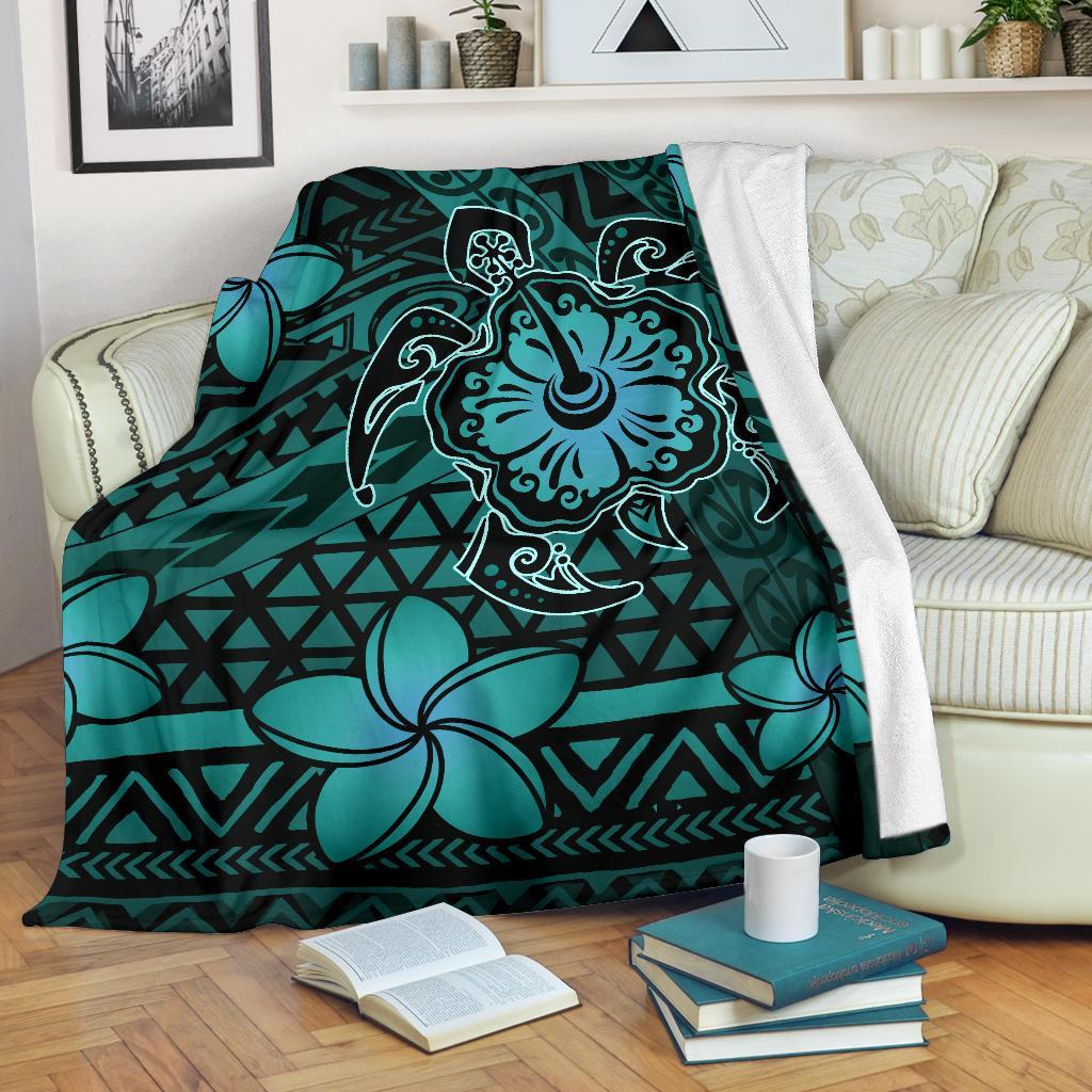 Hawaii Mix Polynesian Turtle Plumeria Premium Blanket - AH - Nick Style - Turuqoise White - Polynesian Pride