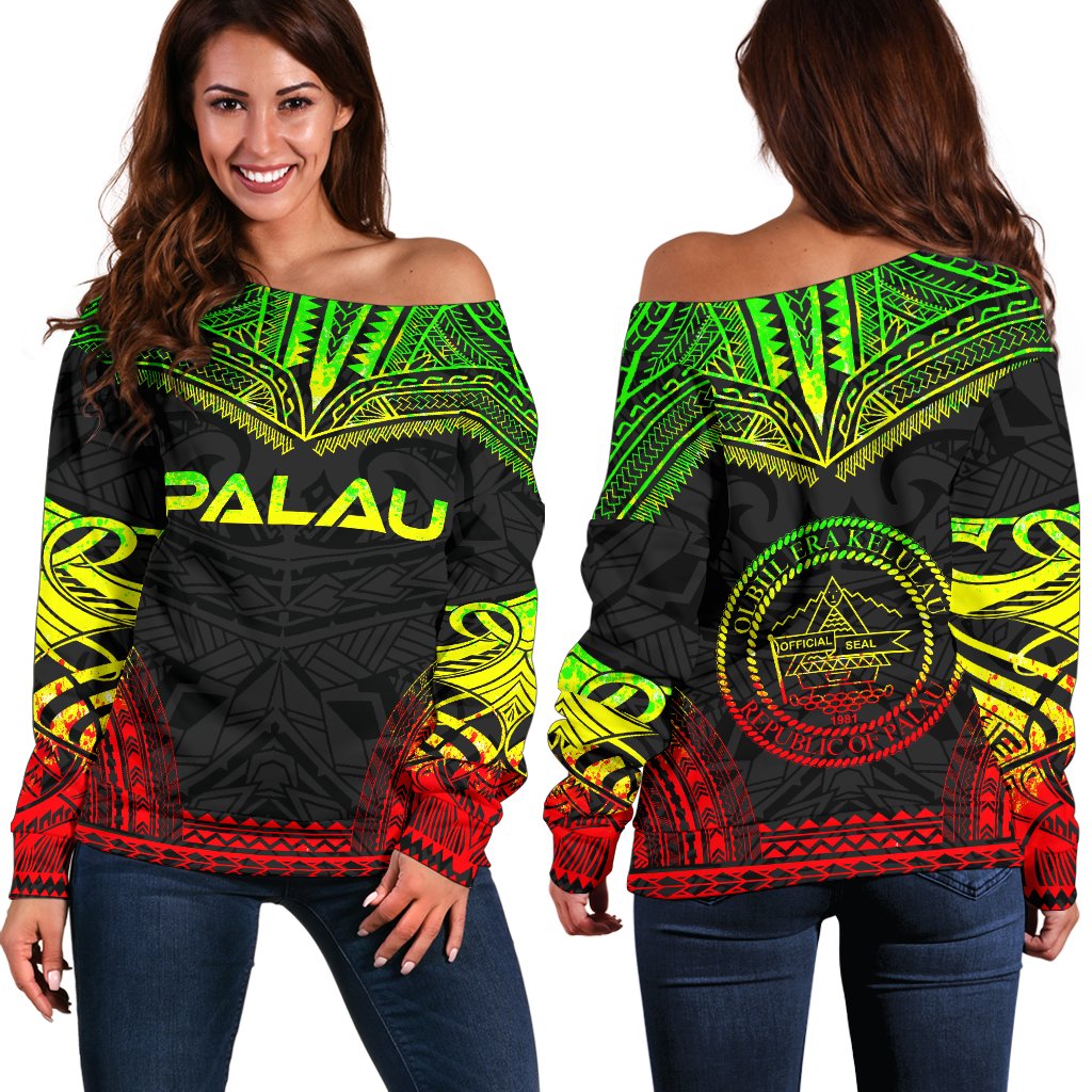 Palau Polynesian Chief Women's Off Shoulder Sweater - Reggae Version Art - Polynesian Pride